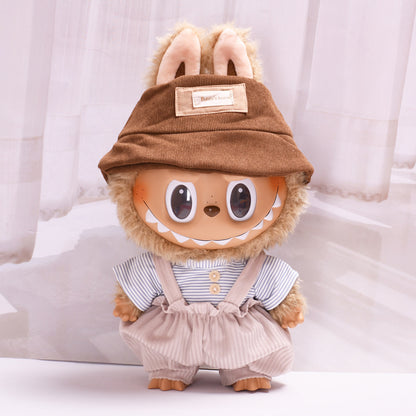 Labubu Doll Outfit - Grey Striped T-Shirt & Brown Bear Suspenders for 38cm Doll