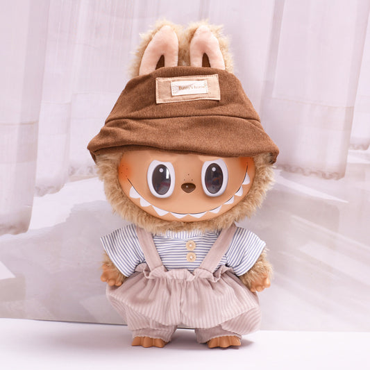 Labubu Doll Outfit - Grey Striped T-Shirt & Brown Bear Suspenders for 38cm Doll