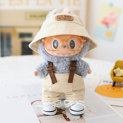 The first and second generation labubu sit party doll clothes the third generation cola vinyl blind box clothes fisherman hat suspenders pants suit