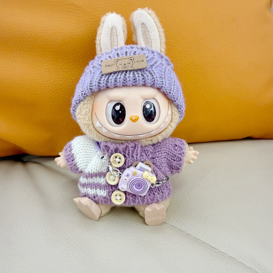 First and Second Generation Labubu Clothing Set with Bear Sweater, Bear Logo Hat, Purple Camera Set, Labubu Replacement New Style
