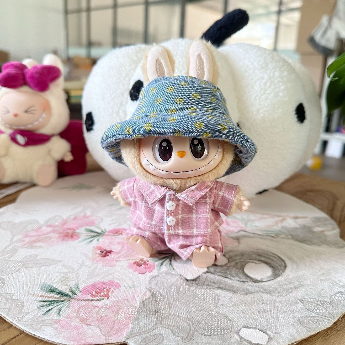 Baby Clothes Only] First/Second Generation Pendant Rab Sit Party Series Doll Clothes Pink Plaid Blue Hat suit
