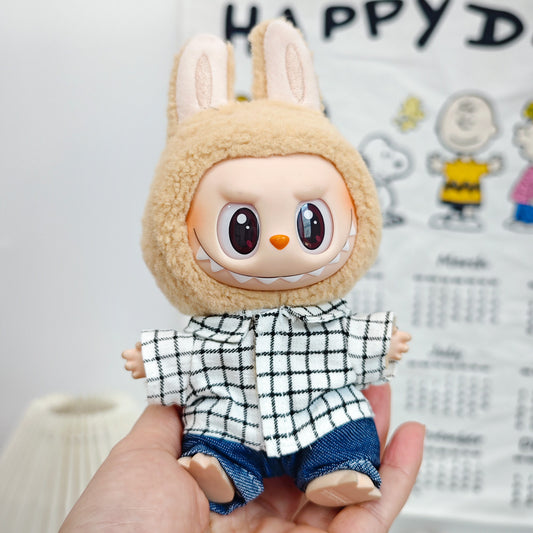 17cm Labubu Doll LABUBU Sit Party Second and Third Generation Vinyl Doll Clothes Plaid Shirt suit Hat