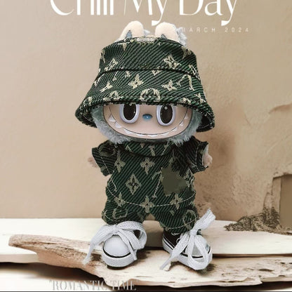 Labubu Doll Outfit - Green & Black Casual Dress Set with Hat & Bag