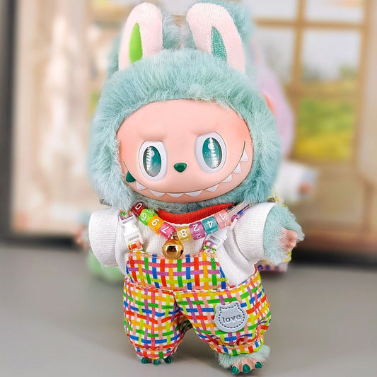 Labubu Doll Clothes - Plaid Overalls & Hat Set for 1st-3rd Gen Pendants