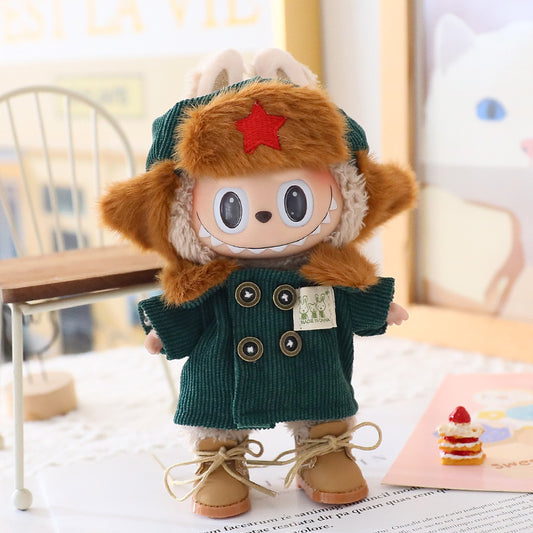 17cm Rab cloth doll first and second generation sitting party labubu doll blind box pendant military coat clothes shoes and hats