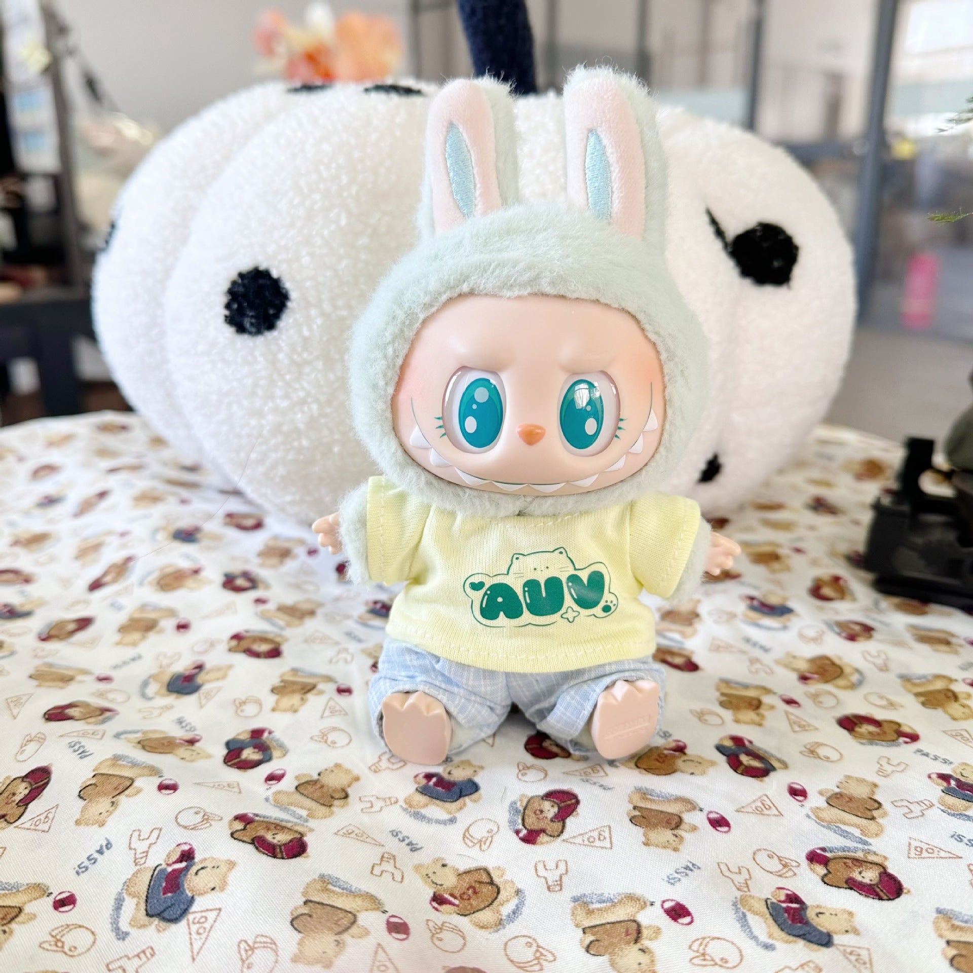 Vinyl Macaron Labu Cloth Clothes Two-generation LABUBU for Casual Plaid Two-piece Spring New Cute