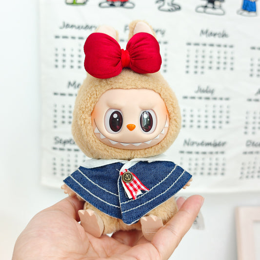 Labubu Doll Denim Shawl & Black Leather Skirt Outfit for 1st-3rd Gen Pendants