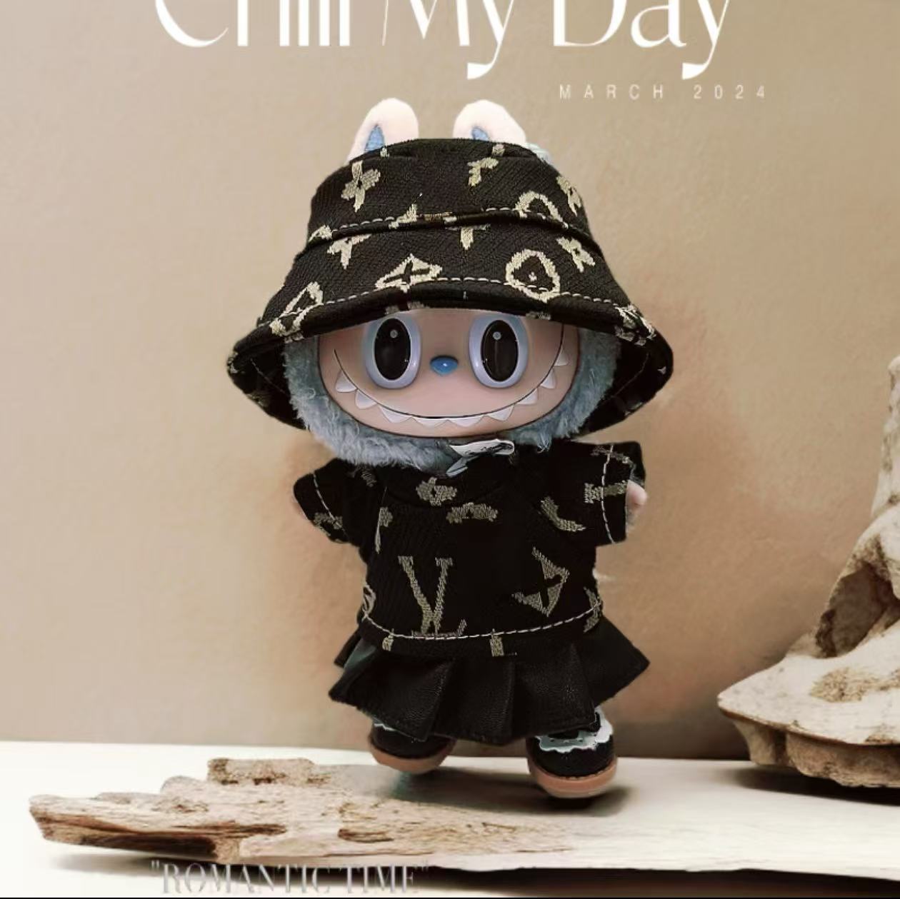 Labubu Doll Outfit Set - Black & Brown Overalls, Hats, Bags & Shoes