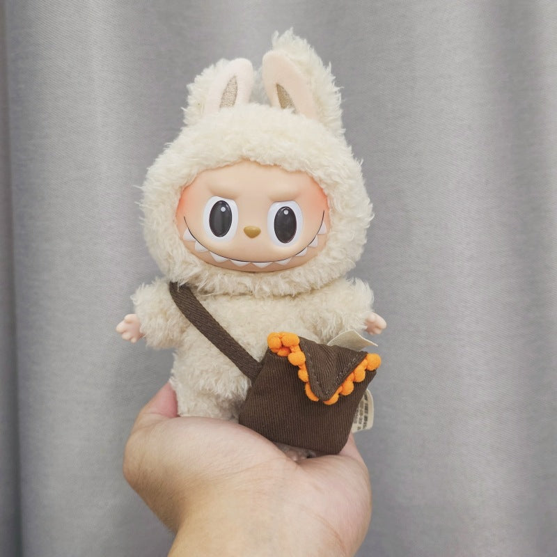 First, Second, and Third Generation Labubu Sitting Party Doll Clothes Cola Labubu Vinyl Clothes Fisherman Hat Overalls Set
