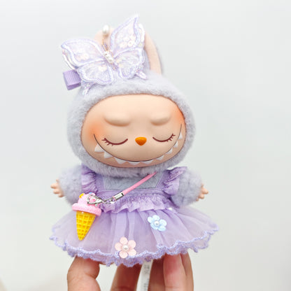 Labubu Doll Outfit - Purple Fairy Skirt & Beige Cardigan for 15-17cm Vinyl Dolls