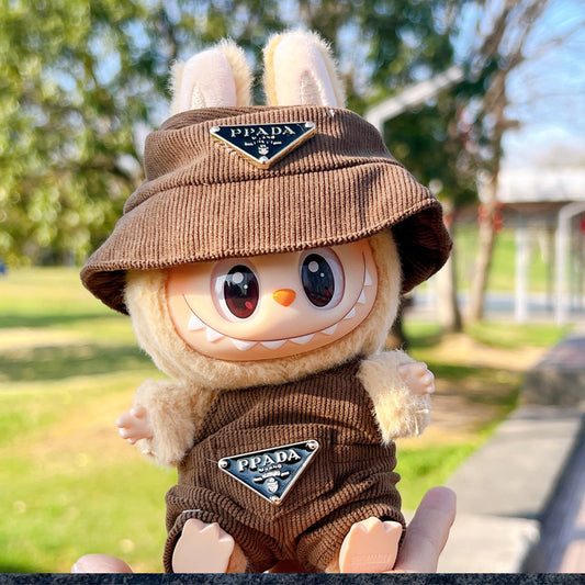 17cm Labubu First and Second Generation Labubu Sitting Party Vinyl Doll Big Brand Overalls Hat Set Replacement