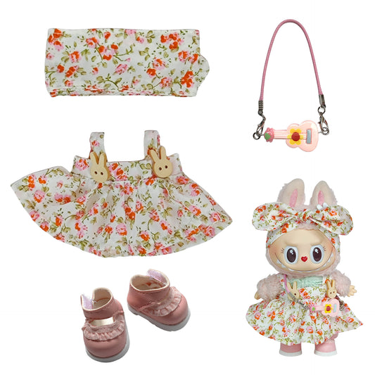 Labubu Doll Floral Skirt Outfit with Headband & Shoes for 1st/2nd Gen