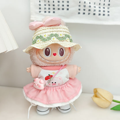 Labubu Doll Spring Outfit Set with Straw Hat & Accessories for 17cm Vinyl Doll