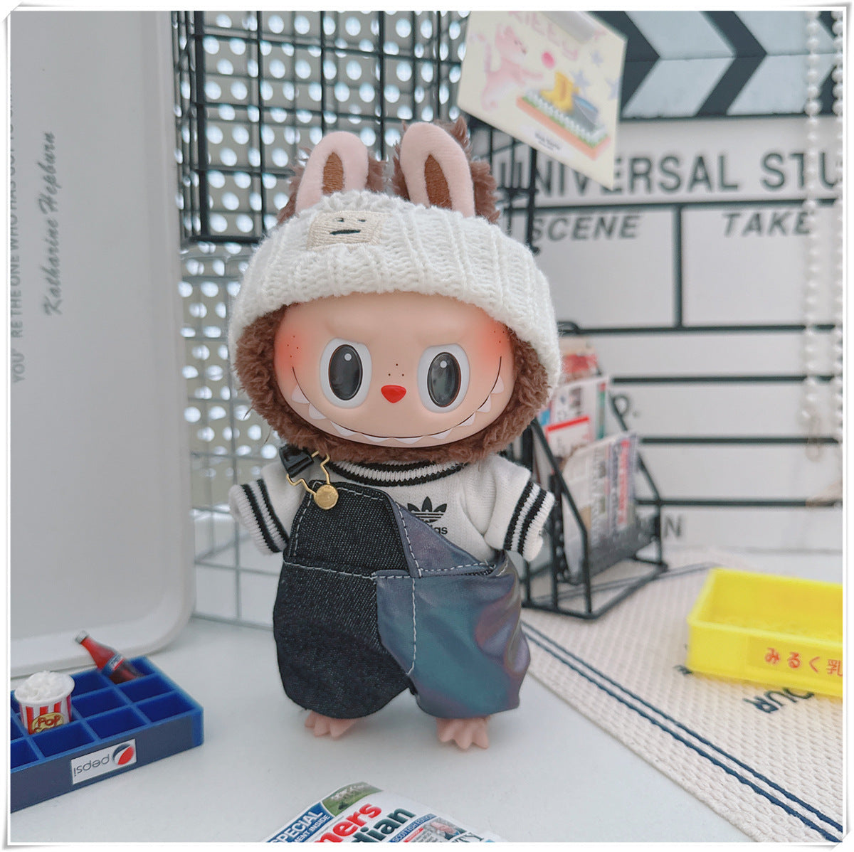 Labubu Doll Outfit - One Shoulder Cool Overalls & T-Shirt Set