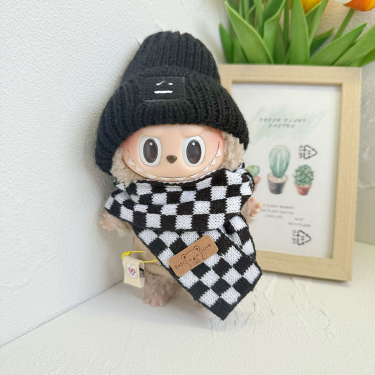 First and Second Generation Labubu Clothes Black Checkered Bear Logo Scarf Expression Hat Set Labubu Hat Scarf Clothes Dress up