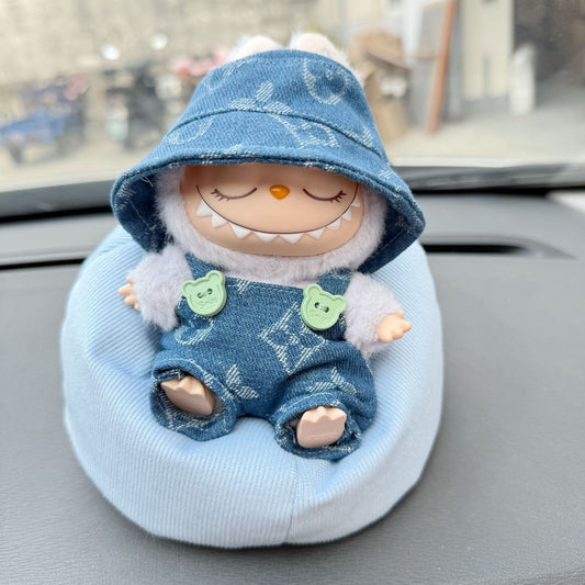 The first and second generation of labubu sit party doll clothes Denim four-leaf clover suit LABUBU wear for hat and suspenders