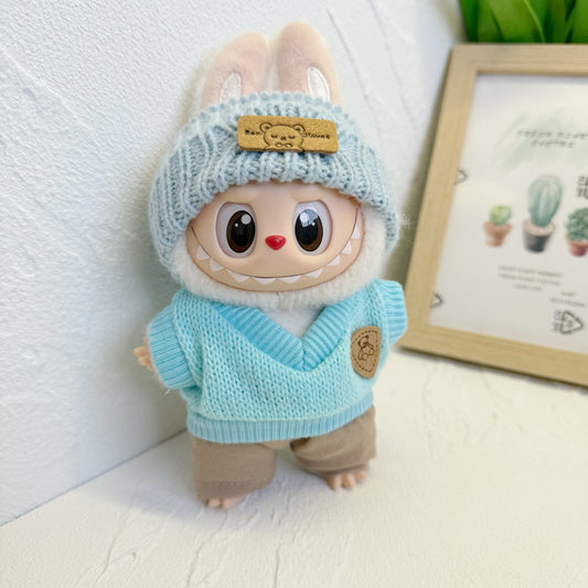Labubu Sit Party Doll Coat Blue Knitted Pullover Two-Piece LABUBU for the First and Second Generation Clothes