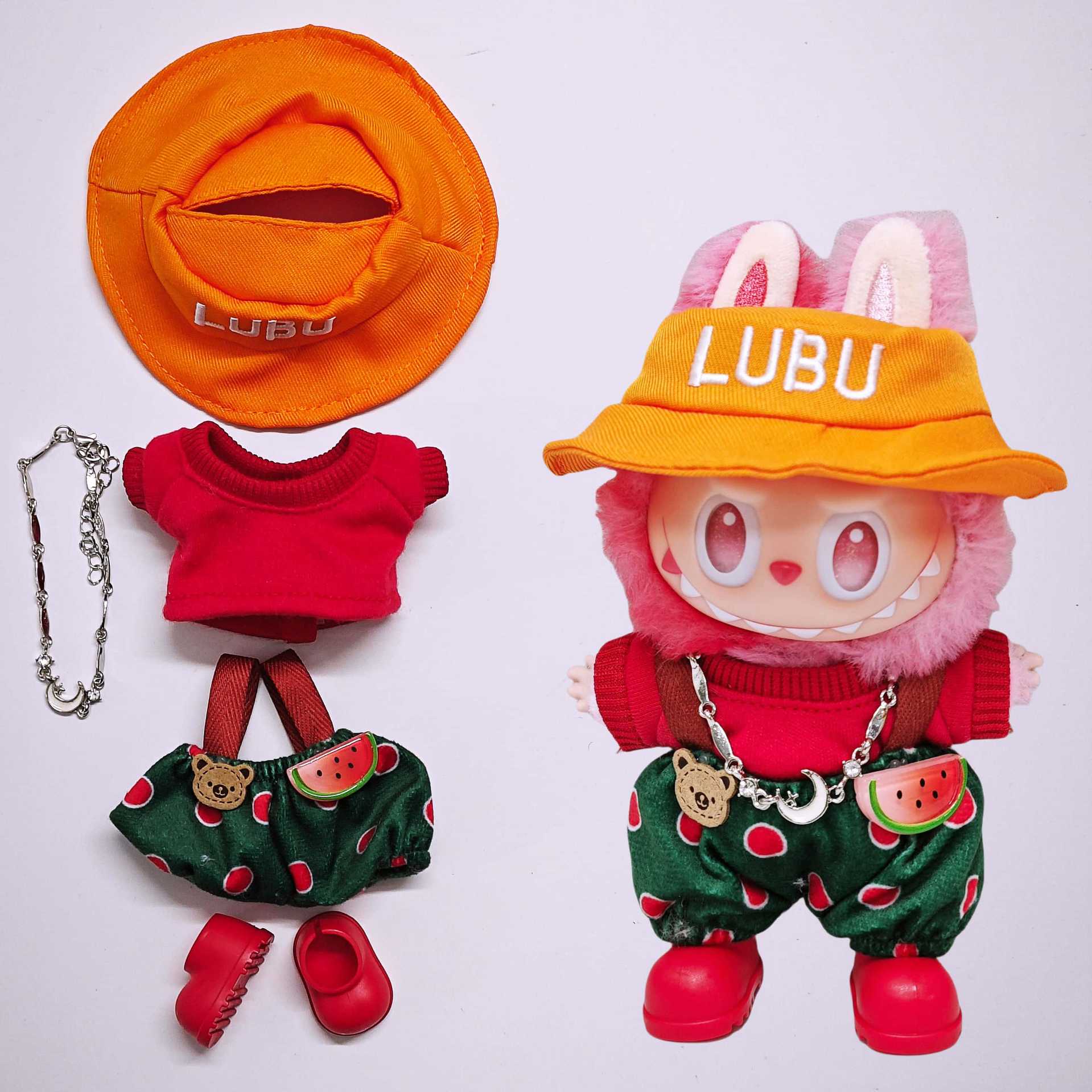 Labubu Doll Outfit - Orange Hat & Watermelon Overalls Suit for 15cm/17cm Labubu