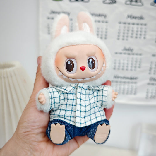 17cm Labubu Doll LABUBU Sit Party Second and Third Generation Vinyl Doll Clothes Plaid Shirt suit Hat