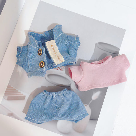 Labubu Doll Denim Cardigan Suit for 17cm Vinyl Doll - Blue Button Three-Piece Set