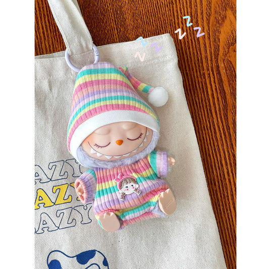 LABUBU Sit Party Doll Rab Bub Macaron 2nd Generation Vinyl Doll Autumn Bodysuit Hat suit