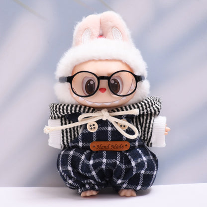 Labubu Doll Black Plaid Overalls & Hoodie Outfit for 1st & 2nd Gen Pendants