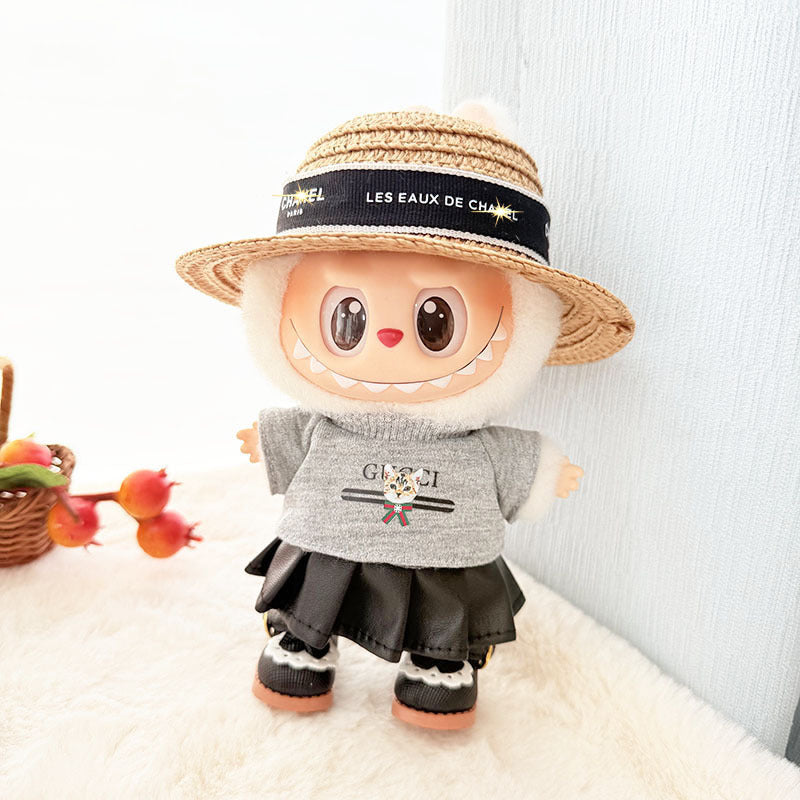 Clothes Only] 17cm Pendant Labubu Clothes Cat t Camellia Straw Hat Suit Labubu Doll Clothes