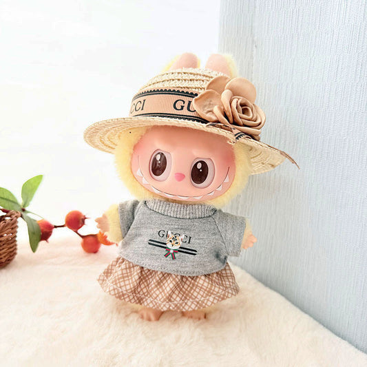 Clothes Only] 17cm Pendant Labubu Clothes Cat t Camellia Straw Hat Suit Labubu Doll Clothes