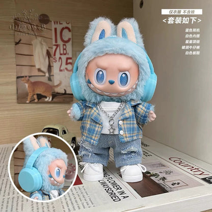 Labubu Doll Outfit - Blue Denim Gingham Set for 17cm Vinyl Doll