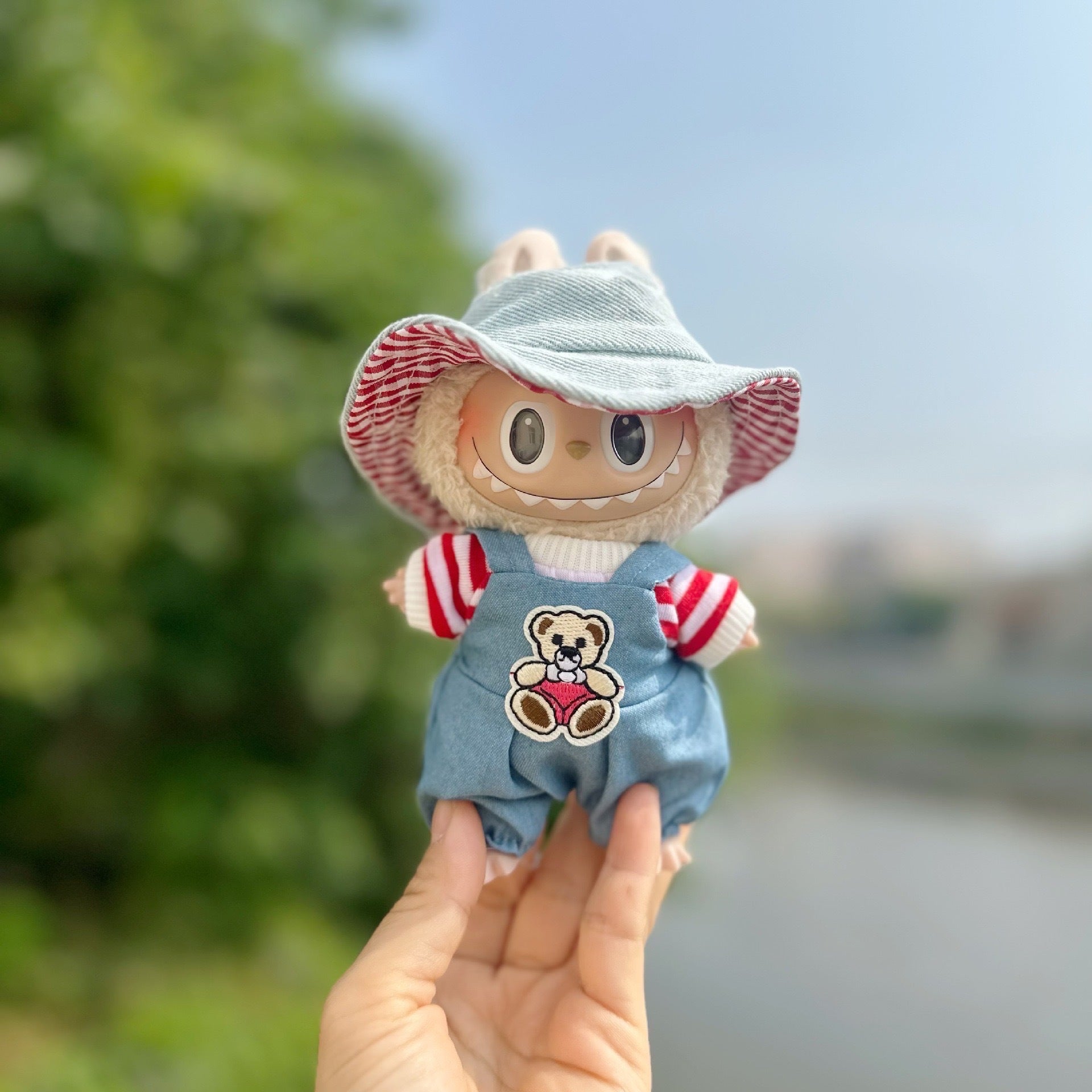 Accessories Only] 17CM Blind Box Rab Cloth Doll Clothes Fashion Denim Vest Keychain LABUBU Scooter
