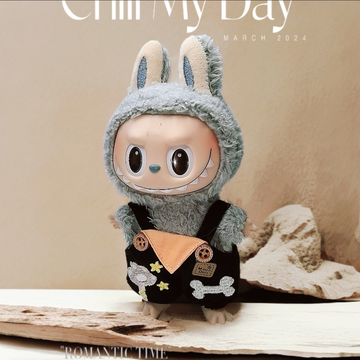 Labubu Doll Outfit - Black & Blue Overalls with Clover Hat