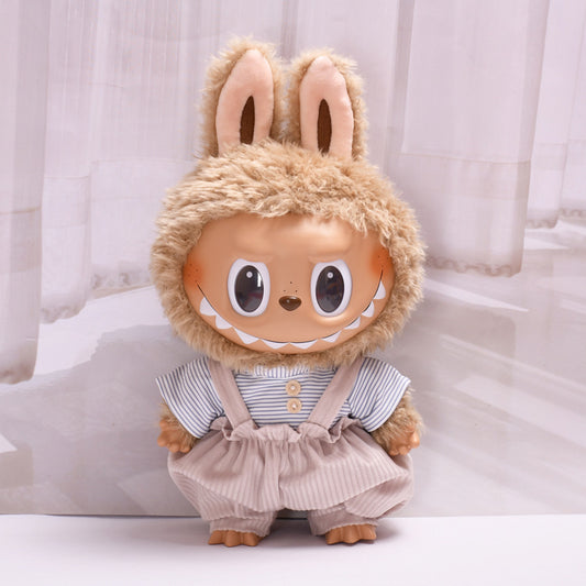 Labubu Doll Outfit - Grey Striped T-Shirt & Brown Bear Suspenders for 38cm Doll