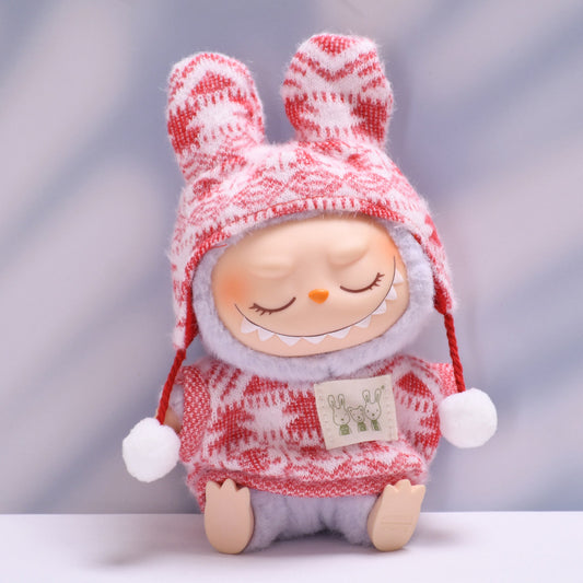 Only clothes] one or two generations of cloth hanging clothes knitted printed fur ball cap suit Labubu plush doll clothes