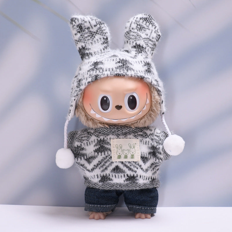 Only clothes] one or two generations of cloth hanging clothes knitted printed fur ball cap suit Labubu plush doll clothes