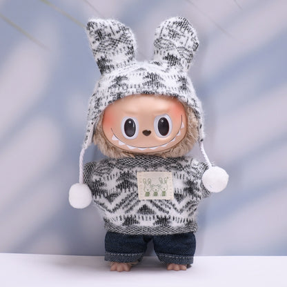 Only clothes] one or two generations of cloth hanging clothes knitted printed fur ball cap suit Labubu plush doll clothes