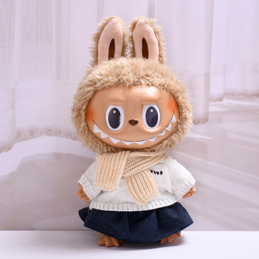 Only clothes] 38cm cloth vinyl doll clothes for labubu white sweater scarf hat doll