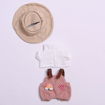 Labubu Doll Outfit - Pink Rainbow & Off-White Overalls with Hats & Shirts
