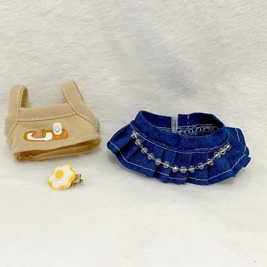 Labubu Doll Denim Skirt & Striped Shirt Outfit for 17cm Vinyl Dolls