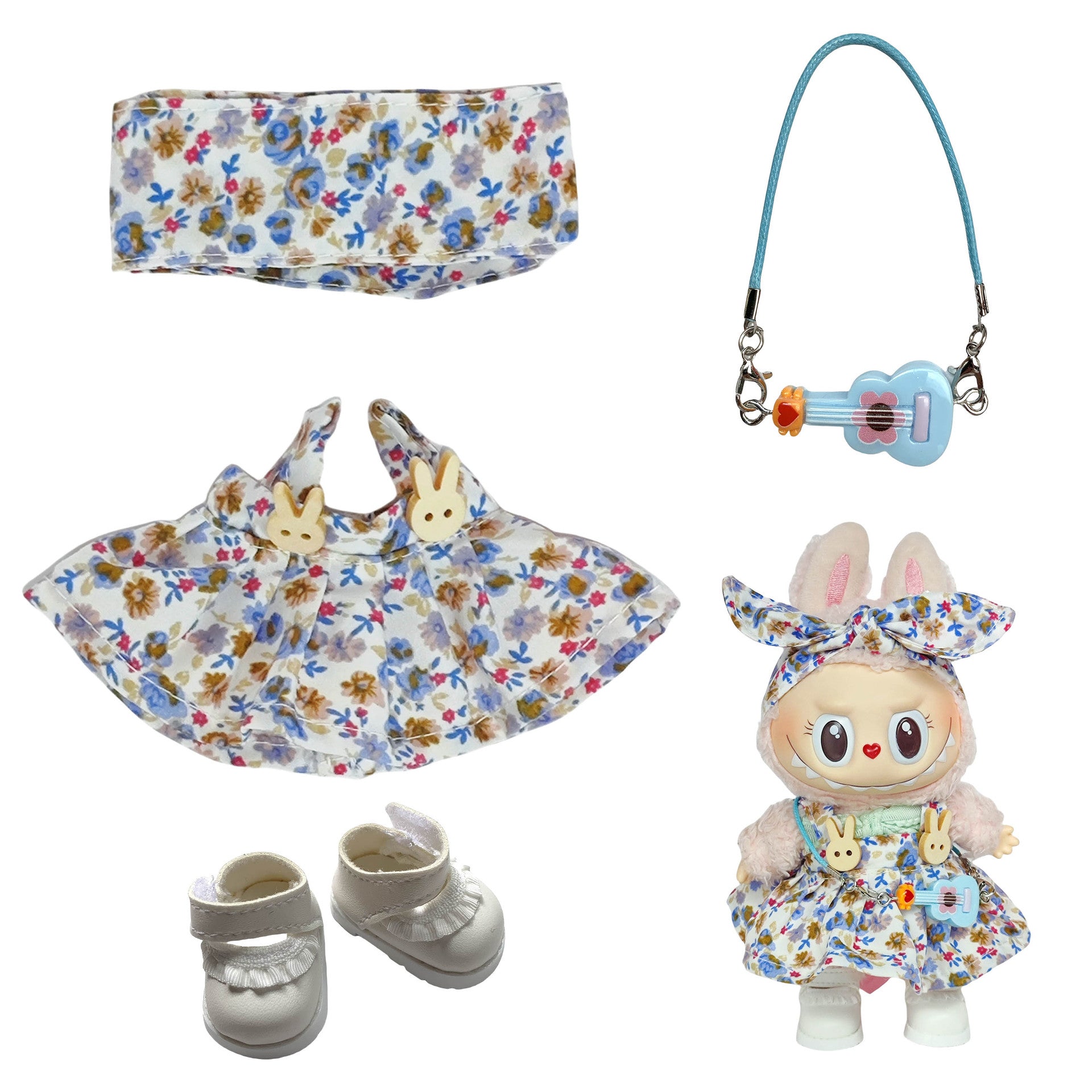 Labubu Doll Floral Skirt Outfit with Headband & Shoes for 1st/2nd Gen