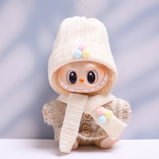 Labubu Winter Hat & Scarf Set for 2nd Gen Pendant Doll - Off-White & Brown Bunny Sweater
