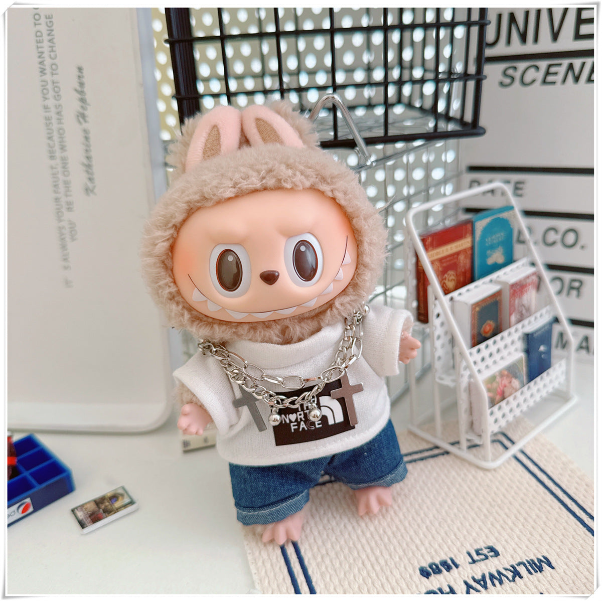 Labubu Doll Sportswear Outfit - T-Shirt, Denim Shorts & Accessories