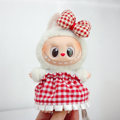Labubu Doll Outfit - Red Plaid Skirt & Straw Hat for 17cm Vinyl Doll