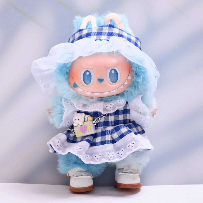 Only baby clothes] one, two and three generations of pendants labubu clothes blue lattice skirt hair band suit cloth cloth for baby clothes