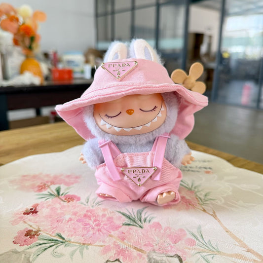 Only clothes] generation one or two blind box pull cloth doll suspenders suit LABUBU pendant pink hat pants