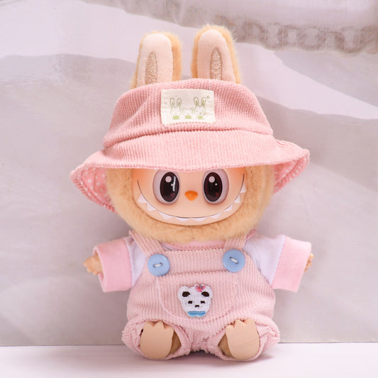 Labubu Doll Outfit - Pink, Yellow, Blue, Purple, Brown Overalls with T-Shirt & Hat