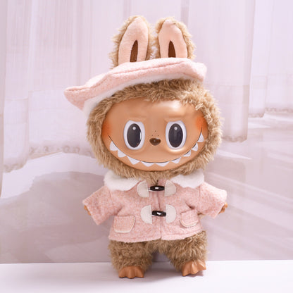 Labubu Doll Outfit - 38cm Beret Suit & Baby Clothes (Pink/Green Hat, White Shoes)