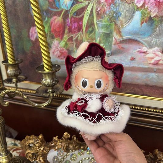Labubu Doll Outfit - Handmade Red Skirt & Milk Tea Hair Accessories