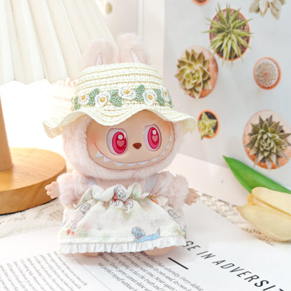 Labubu Doll Floral Dress & Straw Hat Outfit for 1st & 2nd Gen Pendants