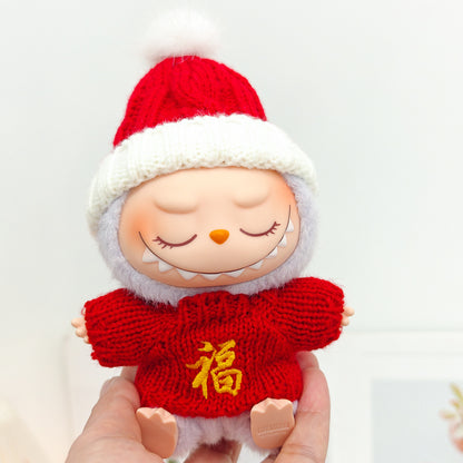 Labubu Doll New Year Red Sweater & Lucky Hat Outfit for 15-17cm Pendant Doll