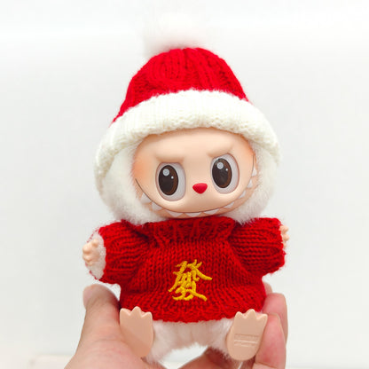 Labubu Doll New Year Red Sweater & Lucky Hat Outfit for 15-17cm Pendant Doll